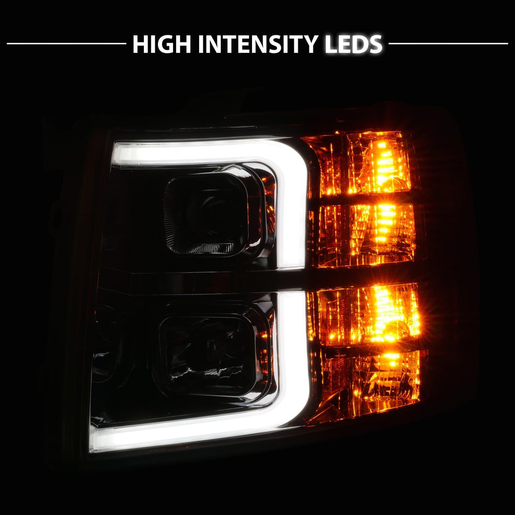 AmeriLite for 2007-2013 Chevy Silverado 1500 | 07-14 Silverado 2500HD 3500HD LED Tube Square Projector Gun-Metal Headlights Set - Passenger and Driver Side