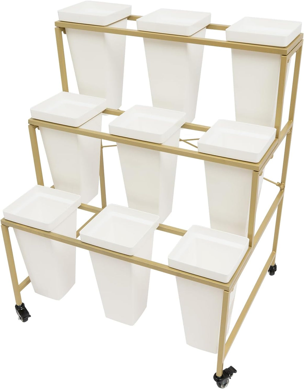 Flower Display Stand with 9Pcs White Square Buckets, 3 Layers Gold Metal Plant Holder with Wheels, Moving Florist Bouquet Shelf for Fresh Flower Shop, for Patio Garden, Outdoor Flower Pop-Up Events