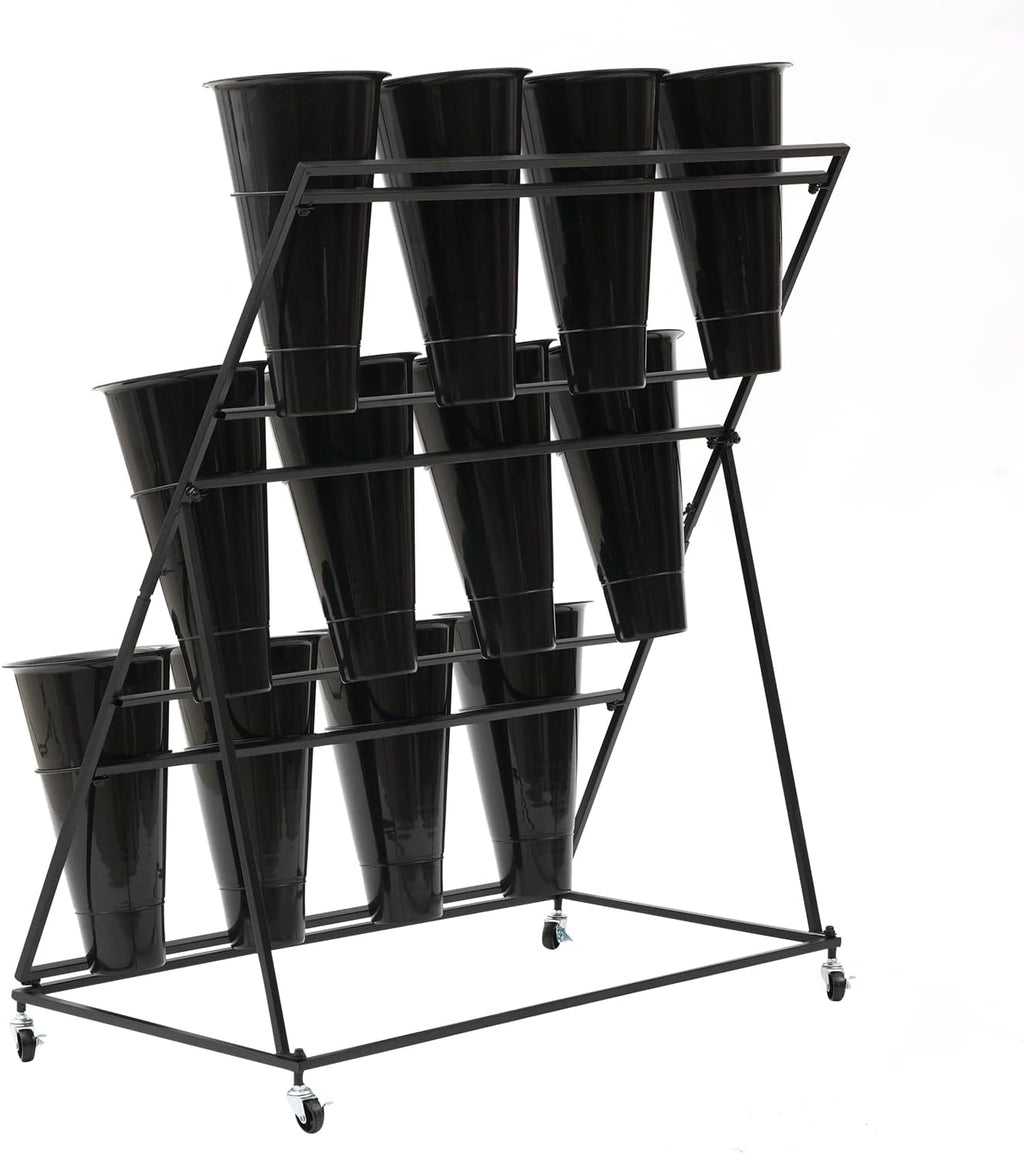 Flower Display Stand with 12 Black Round Buckets, 3 Layers Black Metal Plant Stand with Wheels, Moving Florist Bouquet Shelf for Fresh Flowers Shop Patio Garden Outdoor Flower Pop-Up Events