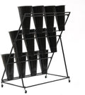 Flower Display Stand with 12 Black Round Buckets, 3 Layers Black Metal Plant Stand with Wheels, Moving Florist Bouquet Shelf for Fresh Flowers Shop Patio Garden Outdoor Flower Pop-Up Events