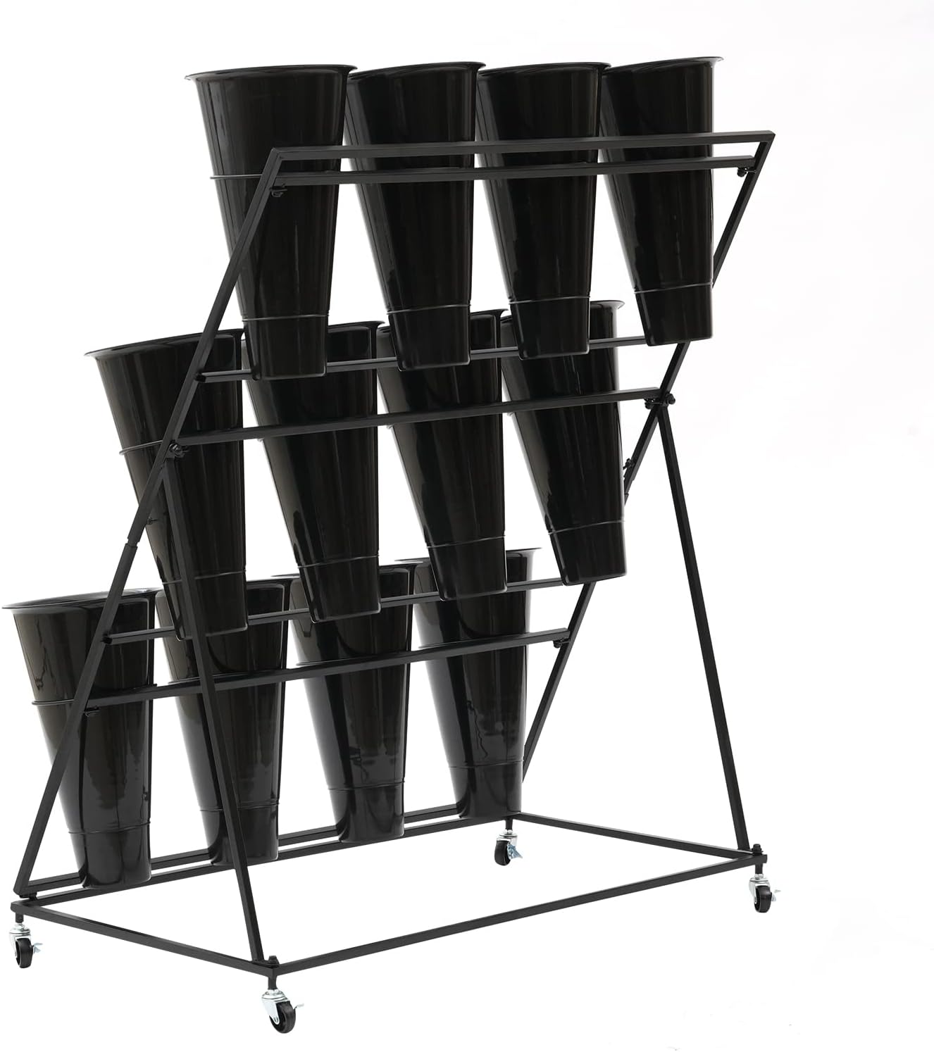 Flower Display Stand with 12 Black Round Buckets, 3 Layers Black Metal Plant Stand with Wheels, Moving Florist Bouquet Shelf for Fresh Flowers Shop Patio Garden Outdoor Flower Pop-Up Events