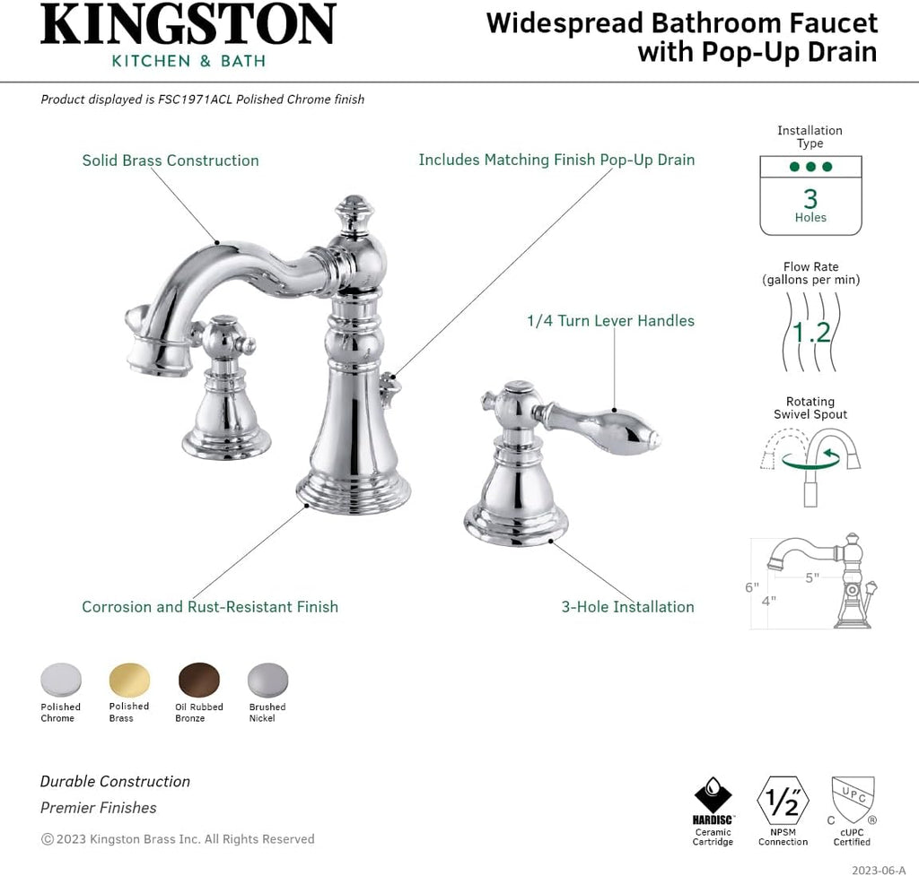 Fauceture FSC1978ACL American Classic Widespread Bathroom Faucet with Pop-Up Drain, Brushed Nickel