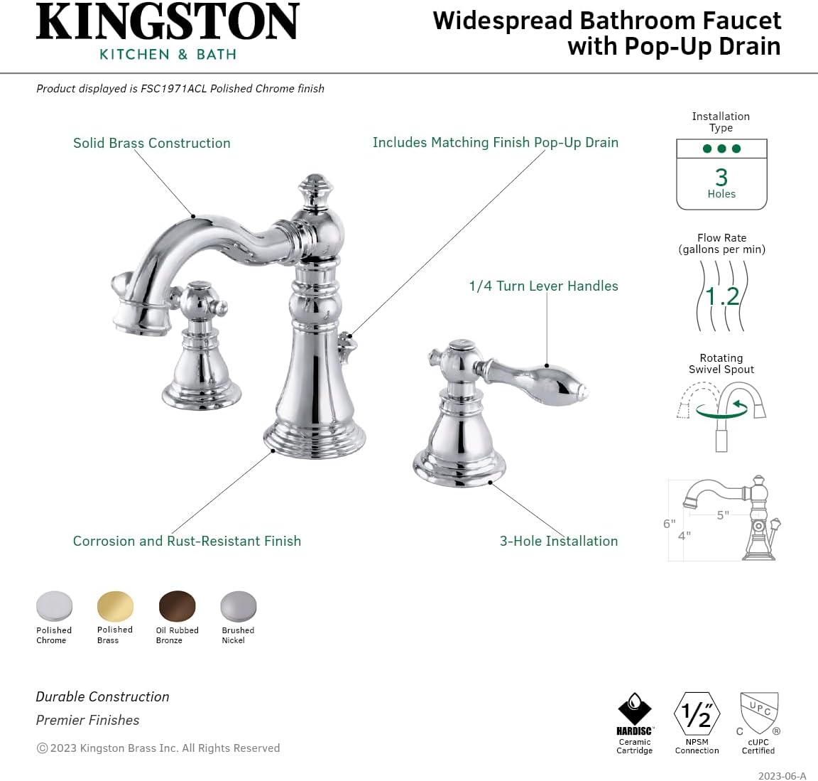 Fauceture FSC1978ACL American Classic Widespread Bathroom Faucet with Pop-Up Drain, Brushed Nickel