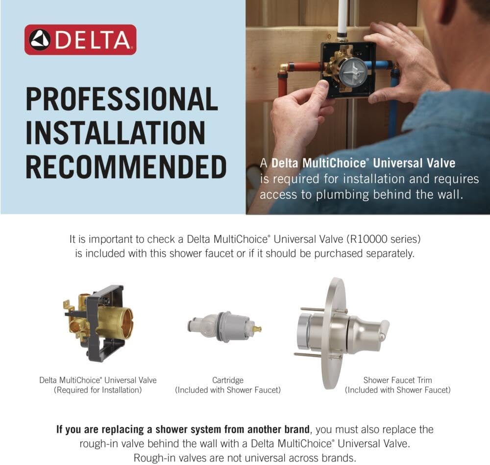 Delta Ashlyn 14 Series Shower Faucet Set, Brushed Nickel Shower Head and Handle Set, Valve Trim Kit, Stainless T14264-SS (Valve Not Included)