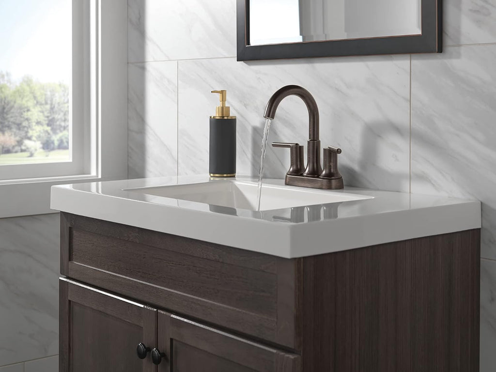 Delta Faucet Trinsic Oil Rubbed Bronze Bathroom Faucet, Bathroom Sink Faucet, Centerset, Diamond Seal Technology, Metal Drain Assembly, Venetian Bronze 2559-RBMPU-DST