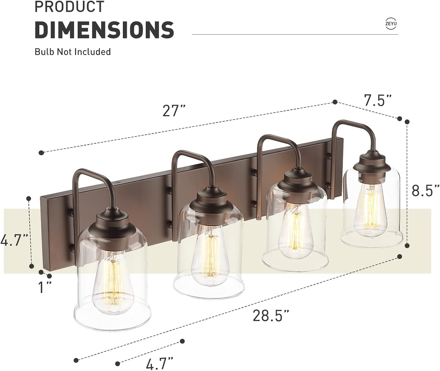 zeyu 28.5' Oil Rubbed Bronze Bathroom Light Fixtures, 4-Light Farmhouse Vanity Wall Lights with Clear Glass Shade, ZSL72B-4W ORB