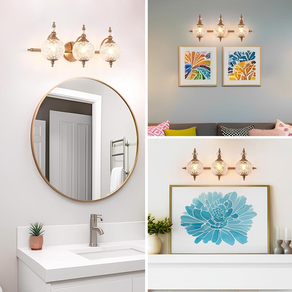 Brushed Antique Brass Bathroom Vanity Light Fixture Vintage Style - 3 Light G9 Bulb Compatible, 23' Wide Bathroom Lighting Over Mirror with Hand-Etched Glass Shades, Easy Mount for Makeup Area