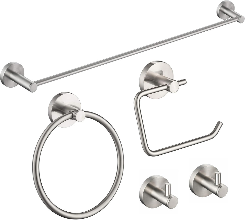 KIBI 5-Piece Bathroom Hardware Set – Wall Mounted Circular Bathroom Accessories Kit with 24 Inch Towel Bar, 10 Inch Towel Ring, Toilet Paper Holder & 2 Robe Hooks – Brushed Nickel