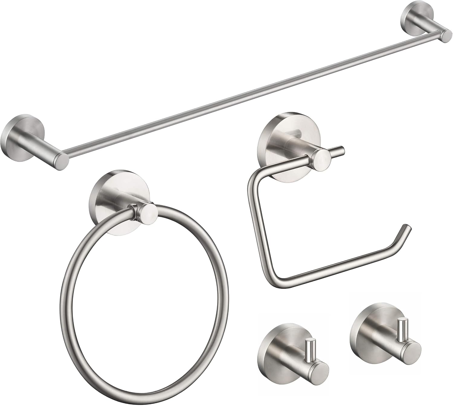 KIBI 5-Piece Bathroom Hardware Set – Wall Mounted Circular Bathroom Accessories Kit with 24 Inch Towel Bar, 10 Inch Towel Ring, Toilet Paper Holder & 2 Robe Hooks – Brushed Nickel