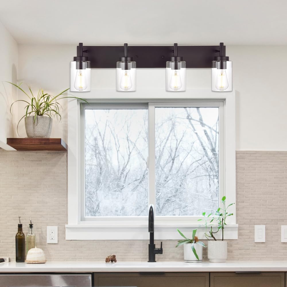 4 Lights Bathroom Vanity Light Fixture Oil Rubbed Bronze Sconces Wall Lighting Industrial Indoor Wall Mounted Lamp, Farmhouse Style for Kitchen Dining Room (Patent No.: US D958,438 S)