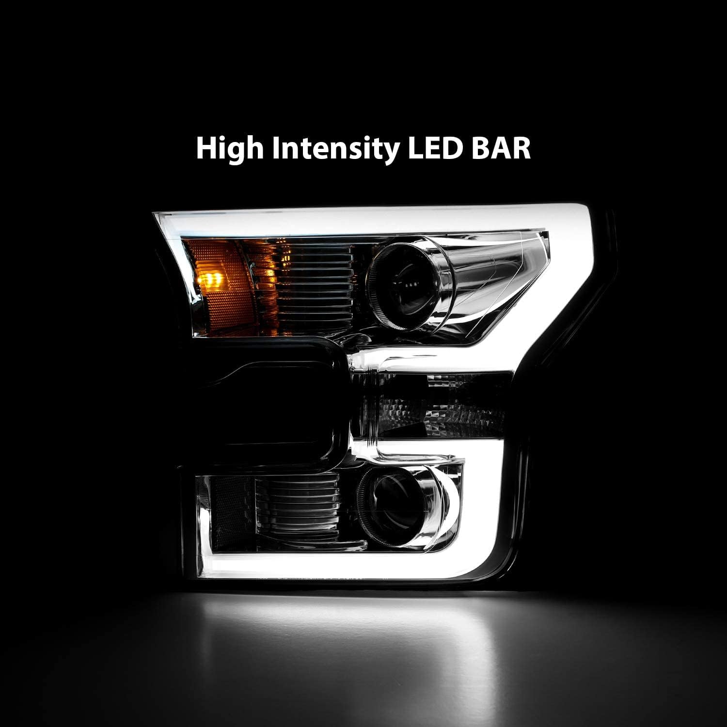 AmeriLite for 2015-2017 Ford F150 Truck LED Tube Dual Projector Beam Chrome Headlight Assembly Set - Driver and Passenger Side