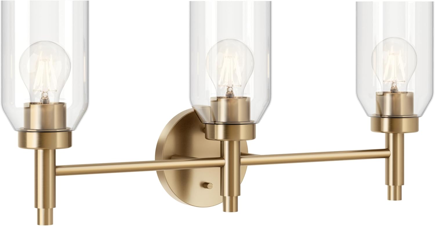 Kichler Madden 3-Light Bathroom Vanity Light Fixture with Clear Glass in Champagne Bronze, Modern Wall Mount Lighting for Single Vanity Mirror (10.5' x 24'), 55185CPZ