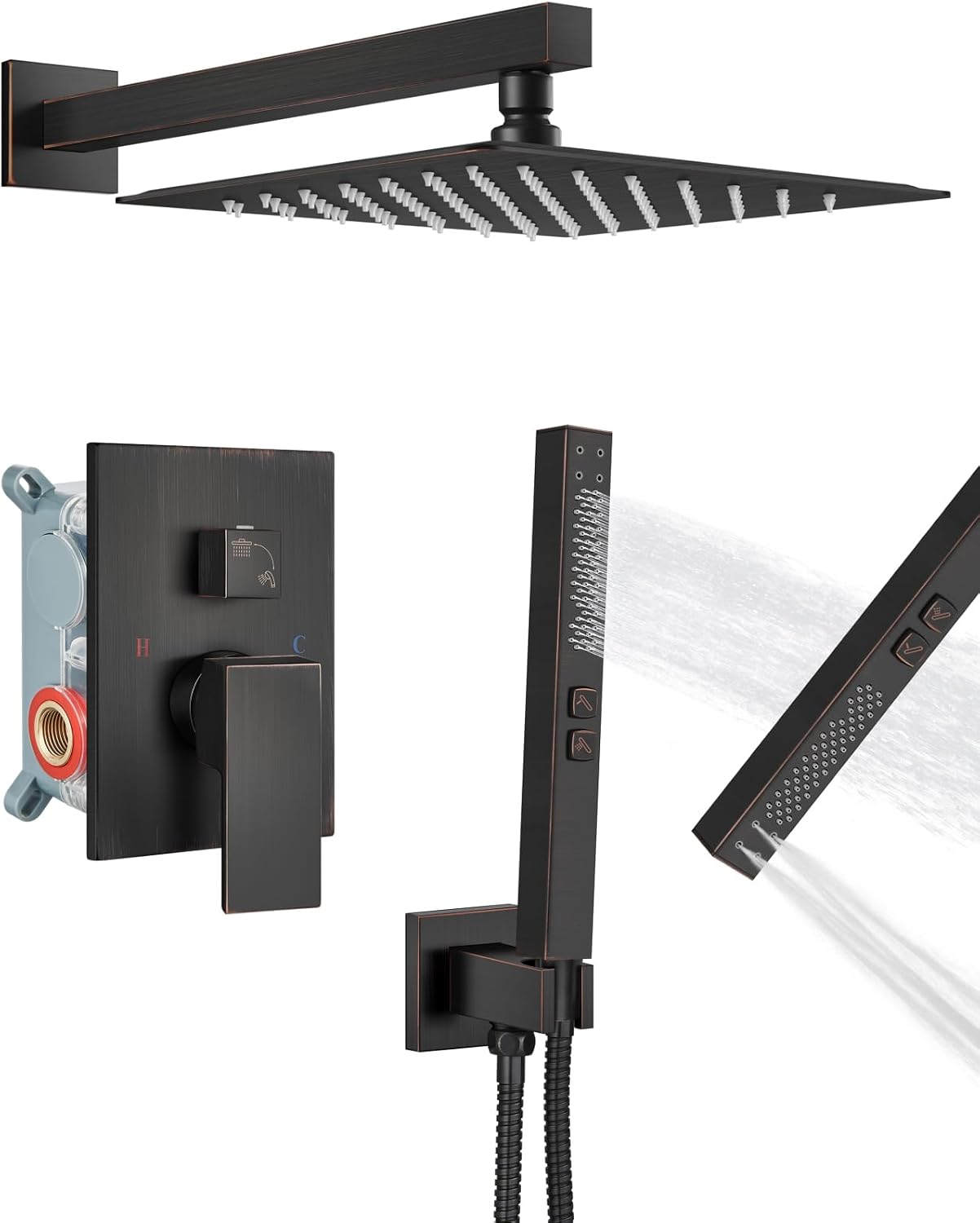 Shower Faucet Set Rainfall Shower System with Square Showerhead and Handle Set Fixture with 2 in 1 Function Handheld Sprayer Wall Mounted Trim Repair Kit Rough-in Valve 10 Inch Oil Rubbed Bronze