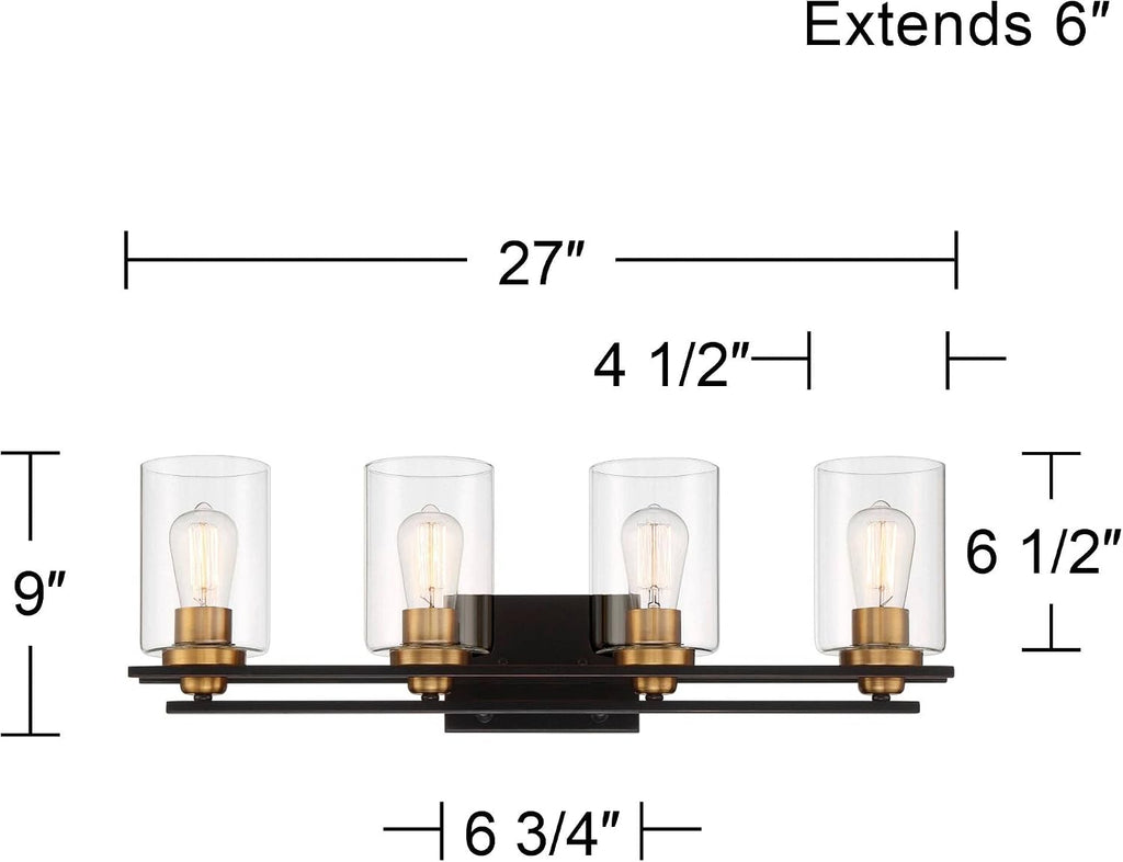 Possini Euro Design Demy Modern Industrial Wall Mount Light Oil Rubbed Bronze Gold Hardwired 27' 4-Light Fixture Clear Glass Shade for Bedroom Bathroom Vanity Living Room Home Hallway Kitchen