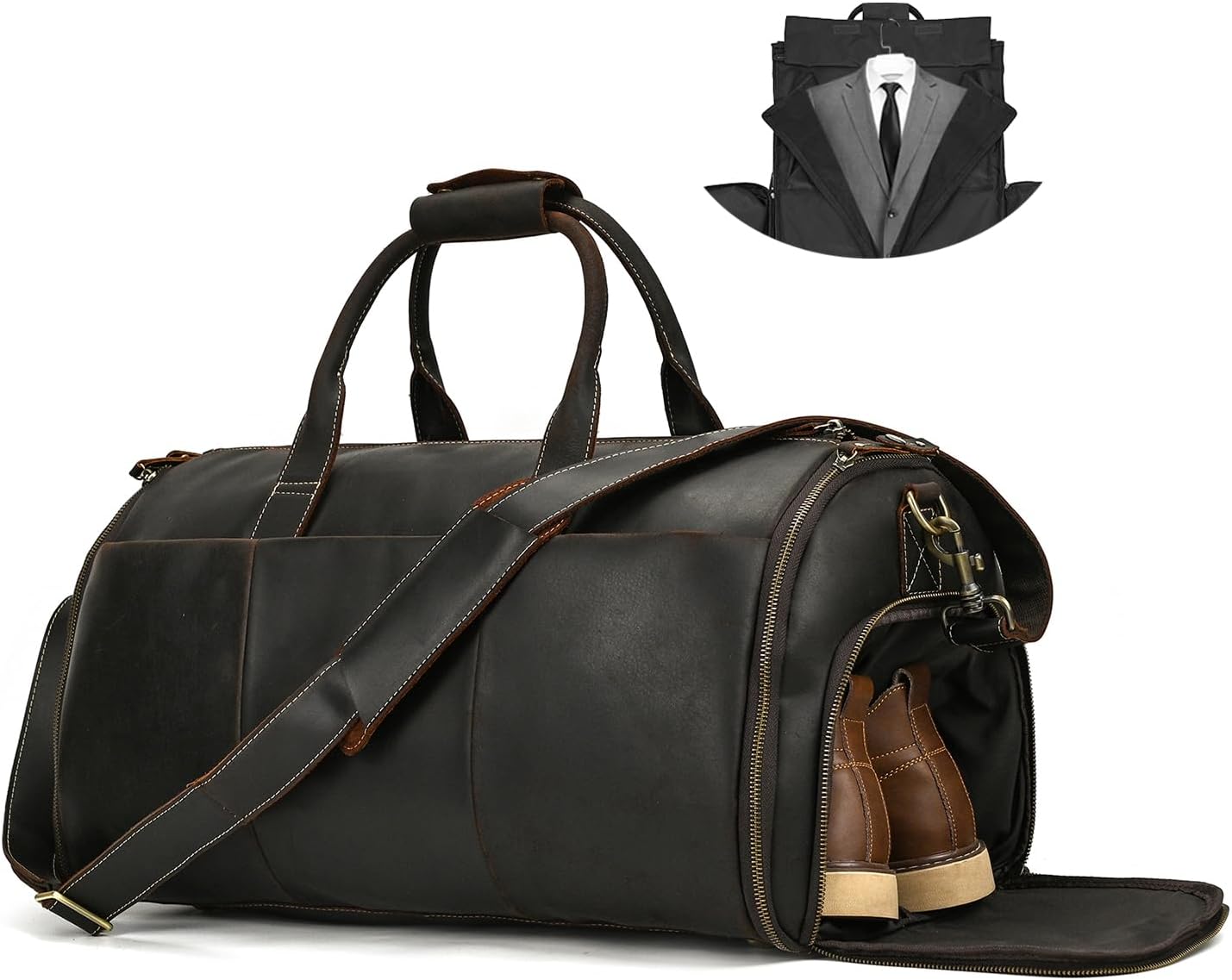 LUUFAN Full-grain Leather Garment Bag Large Capacity Travel Bag Business Suit Carrier Bag with Shoe Compartment, Overnight Gym Sports Duffel Bags for Men Women, Dark Brown