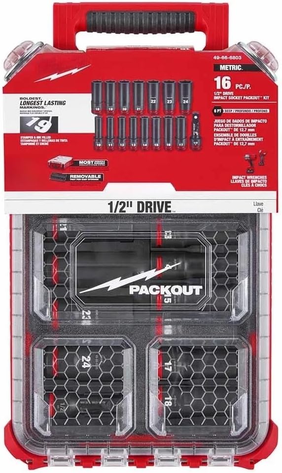 New 49-66-6803 for Milwaukee Impact Duty 1/2' Drive Metric Deep Well Socket Set Non-slip hex geometry with Removable Tray - 16pc