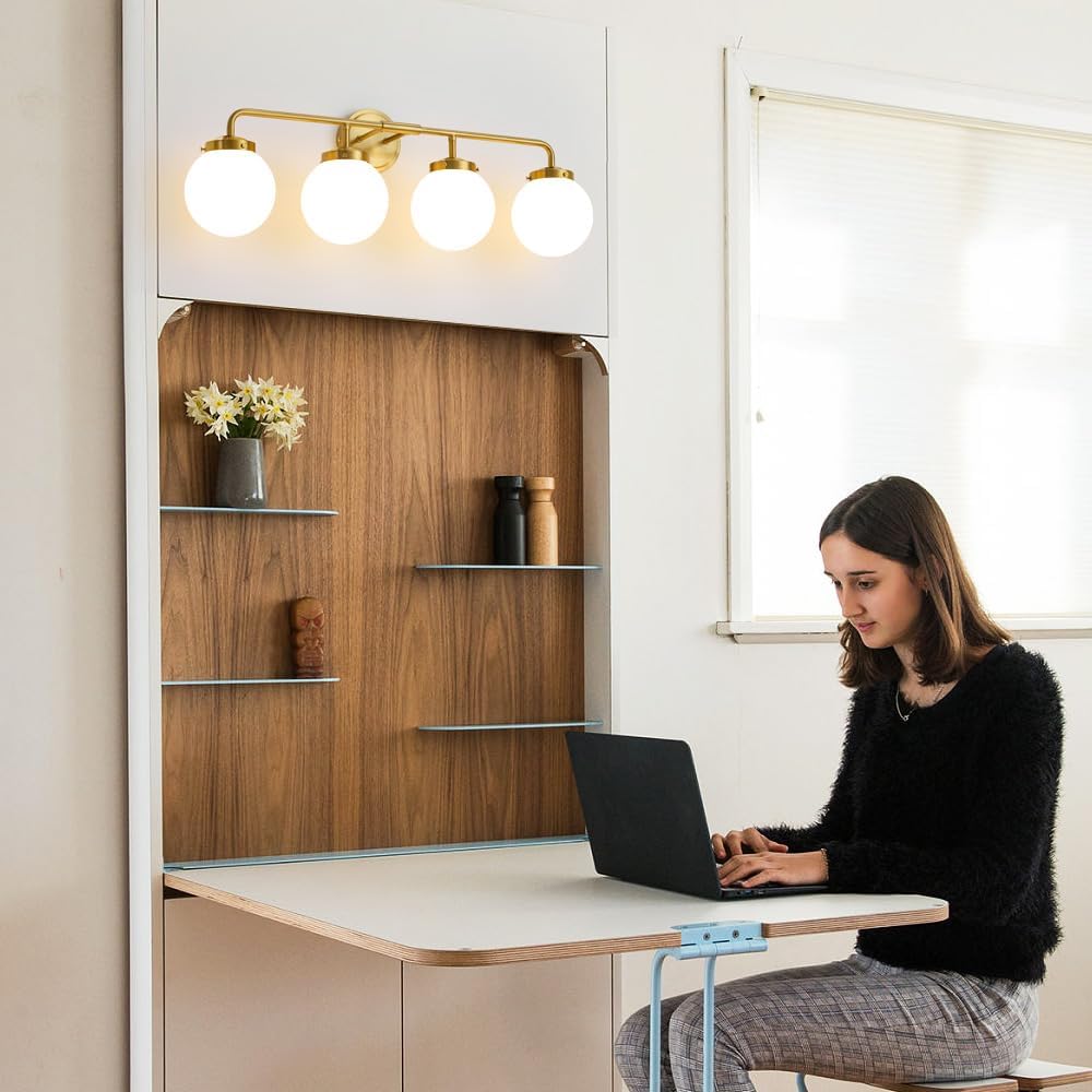 Bathroom Light Fixtures Gold Vanity Lights Over Mirror, Modern Wall Sconce Lighting 4-Light with White Glass Globe Shade