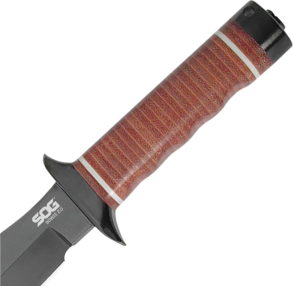 SOG Bowie 2.0 Fixed Blade Knife-Tactical Knife with 6.4 Inch Blade, Hunting Knife with Hard Case TiNi Coating and AUS-8 Steel, Leather Knife Sheath (S1T-L),Brown