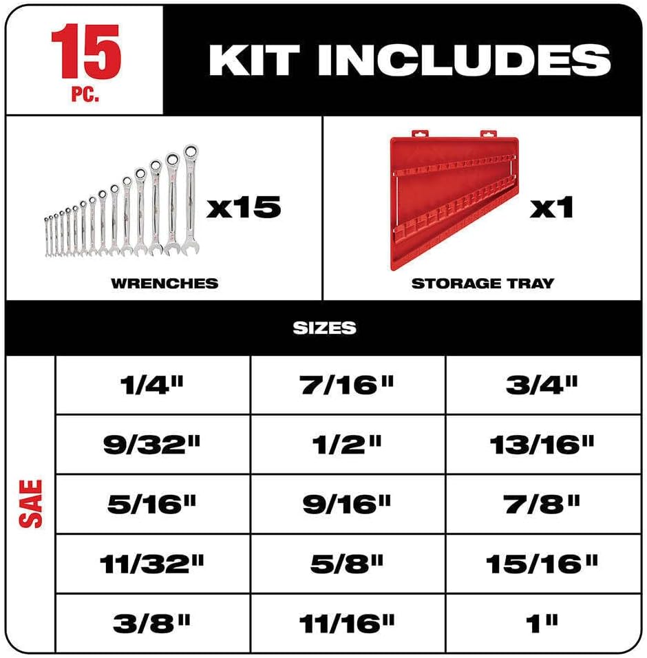 Be Suitable For Milwaukee Durable SAE Ratcheting Combination Wrench Set - 15pc, Model# 48-22-9416