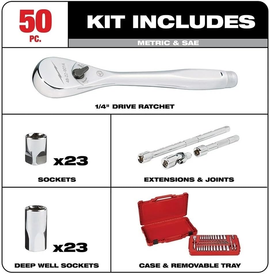 50PC 48-22-9004 for Milwaukee 1/4' Drive Ratchet & Socket Set w/Portable Carrying Case - SAE & Metric