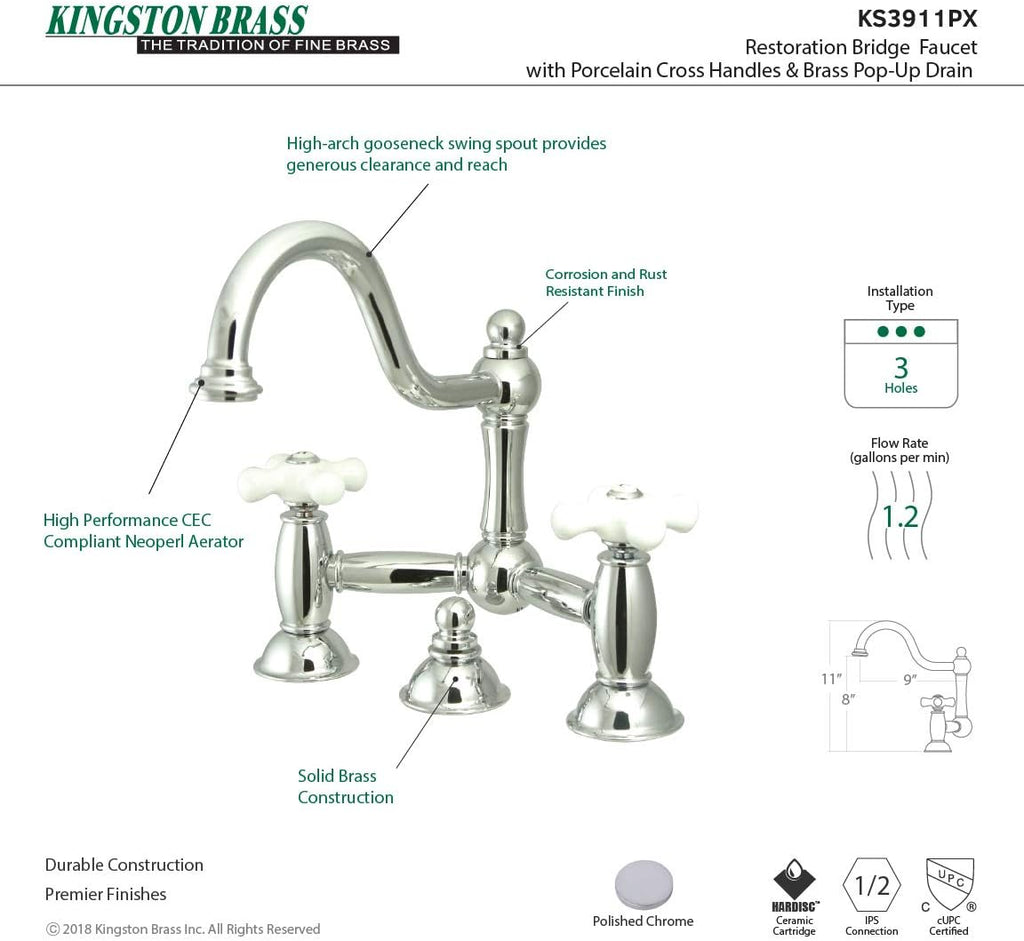 Kingston Brass KS3911PX Restoration Widespread Lavatory Faucet with Porcelain Cross Handle, Polished Chrome