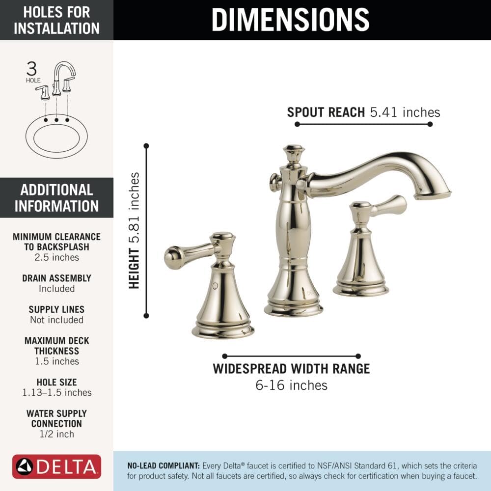 DELTA FAUCET Cassidy Widespread Bathroom Faucet 3 Hole, Bathroom Sink Faucet, Metal Drain Assembly, Polished Nickel 3597LF-PNMPU