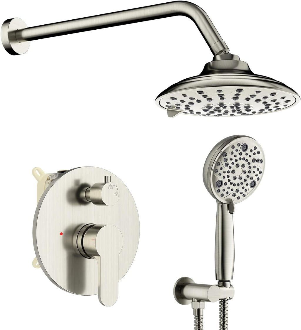 EMBATHER Shower Faucets Sets Complete, with 3 Setting High Pressure Shower Head Combo, Bathroom Wall Mounted Rainfall Shower System Fixtures with 8-Mode Handheld Spray, Brushed Nickel