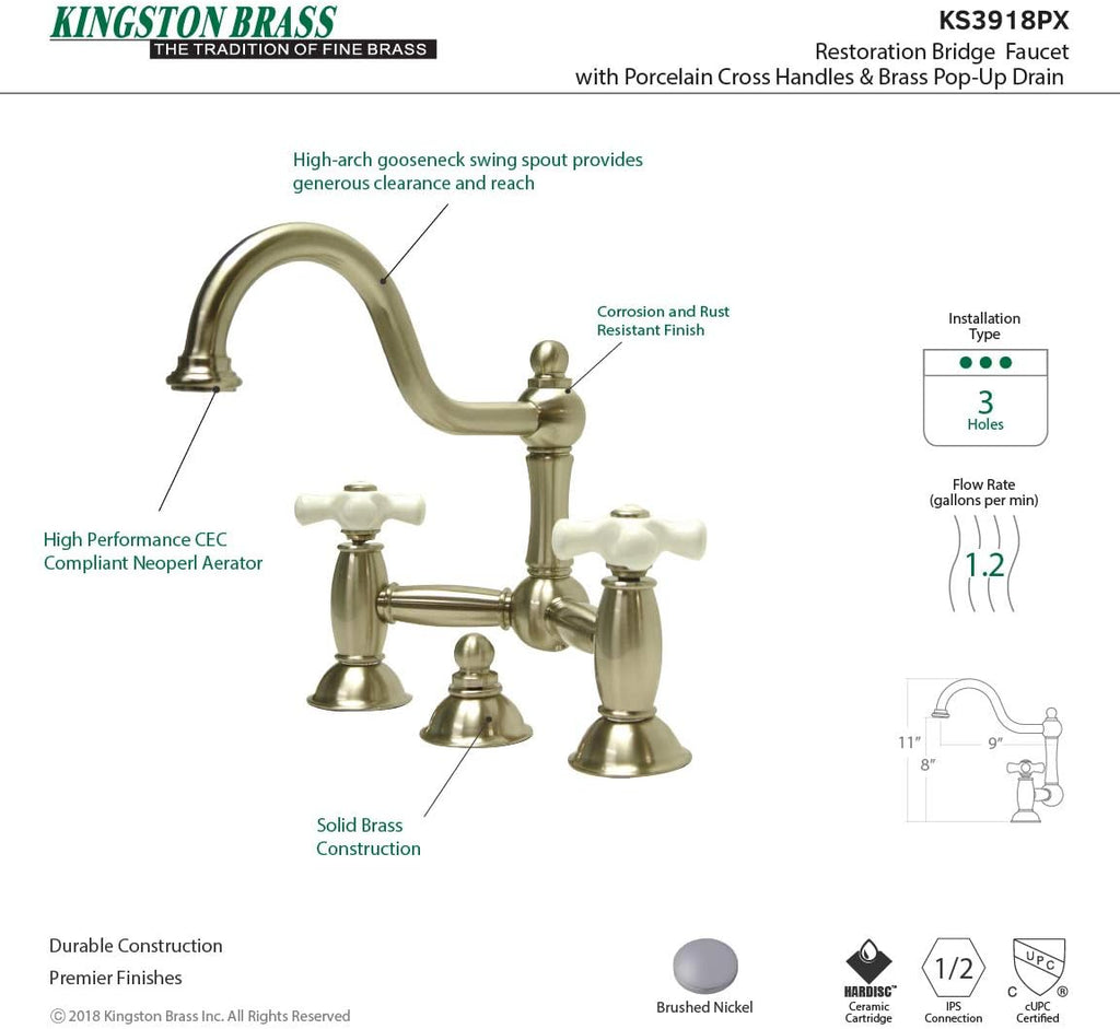 Kingston Brass KS3918PX Restoration Bathroom Bridge Faucet, Brushed Nickel
