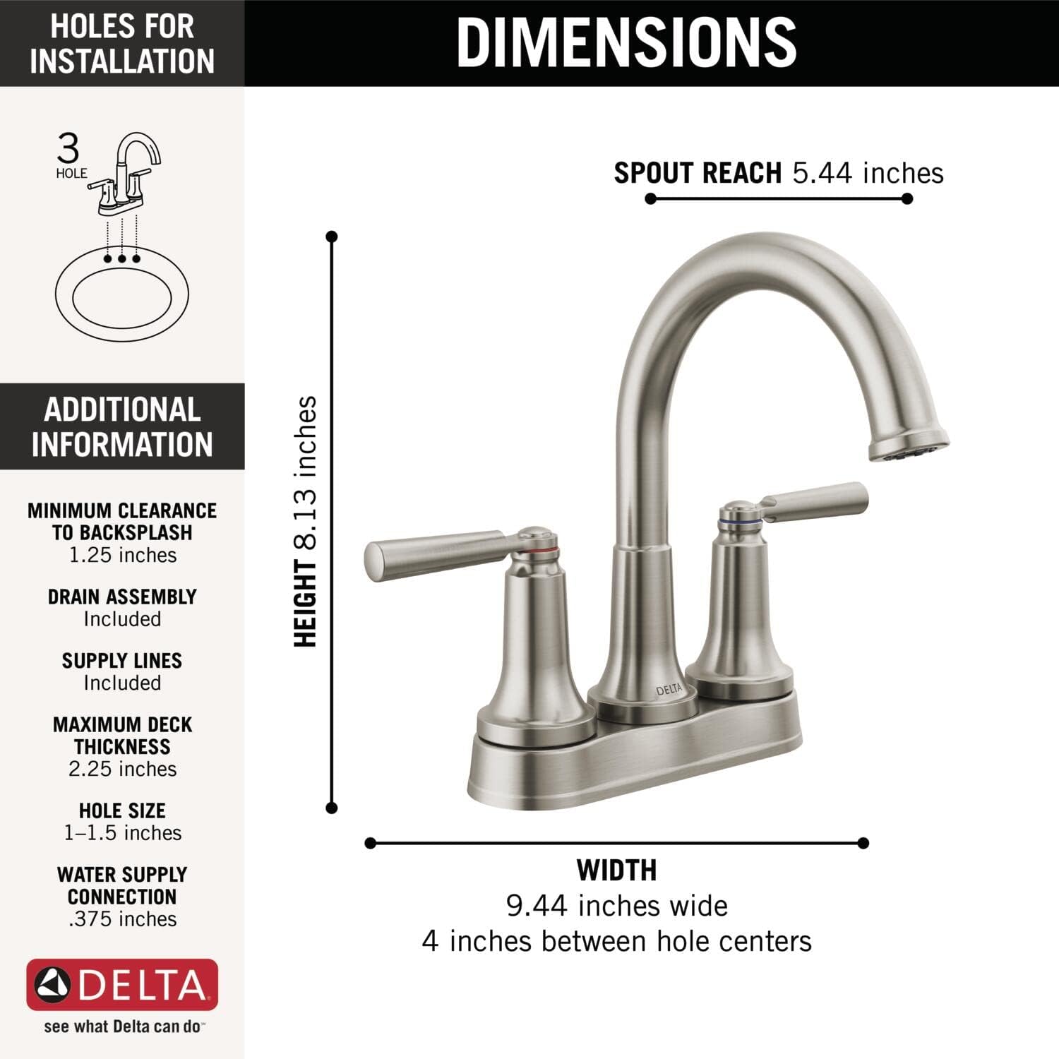 Delta Faucet Saylor Brushed Nickel Bathroom Faucet, Bathroom Sink Faucet, Centerset Bathroom Faucet for Bathroom Sink, Diamond Seal Technology, Metal Drain Assembly, Stainless 2535-SSMPU-DST