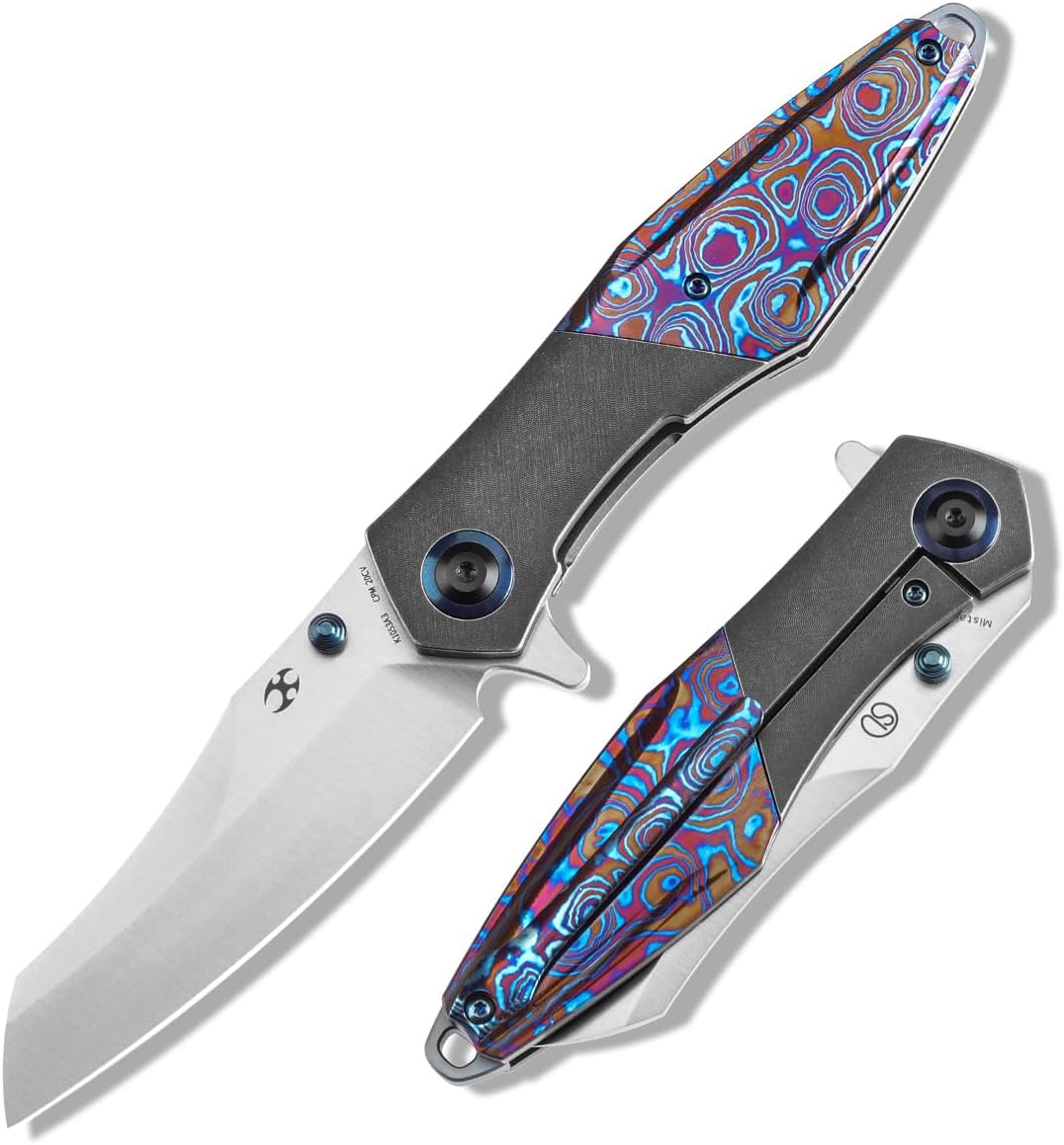 KANSEPT Mistaken Folding Knives for Men EDC Camping Pocket Folding Knife 3.58'' Satin CPM 20CV Blade with Blackwash Titanium Timascus Timascus Clip Handle Everyday Carry K1053A3