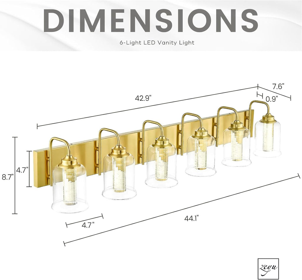 zeyu 6-Light Bathroom Wall Mounted Light, 40W Gold Bathroom Light Fixtures with 5 Color Modes, Brushed Gold Finish with Crystal Bubble and Clear Glass, ZSL72B-6W LED BG