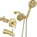 Aolemi Shower Faucet Set with Tub Spout Rain Shower Head System Shower Trim Kit Pressure Rough-in Valve Included ABS 8 Setting Dual Shower Head and Handheld Spray Brushed Gold