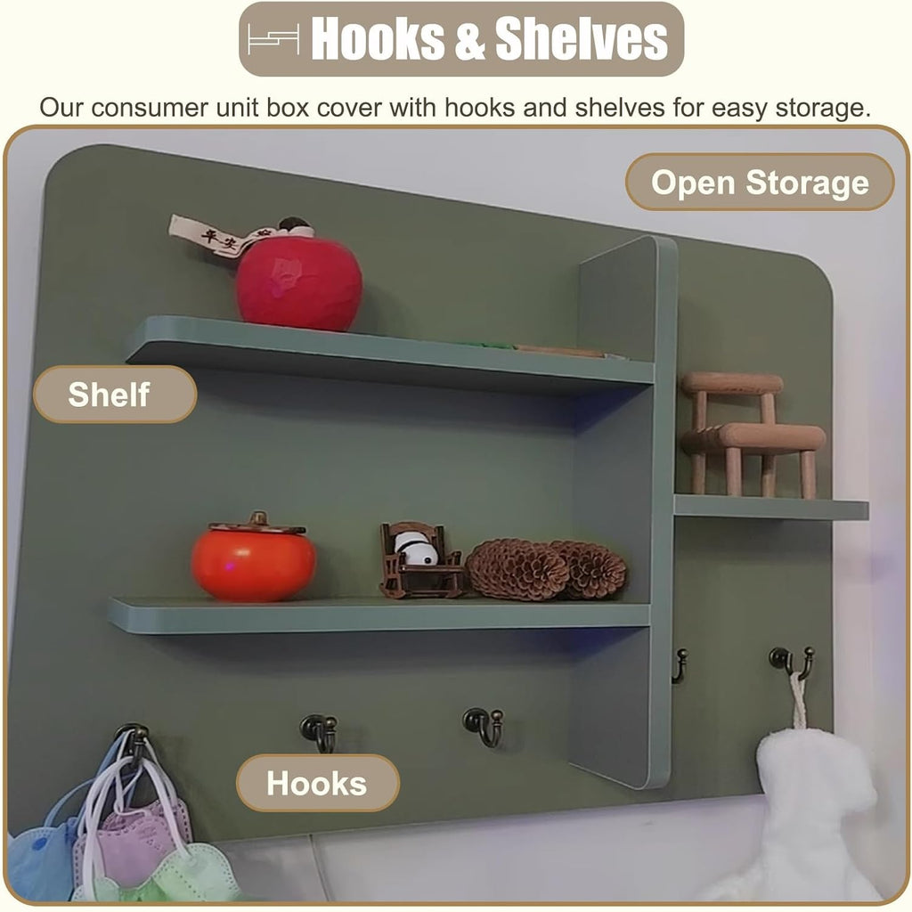 Wooden Breaker Box Cover with Shelves & Hooks, Multifunctional Indoor Fuse Box Cover for Decorative Wall, Left Sliding Meter Box Cover Farmhouse(Style/D,40x30cm(15 3/4x11 3/4'))