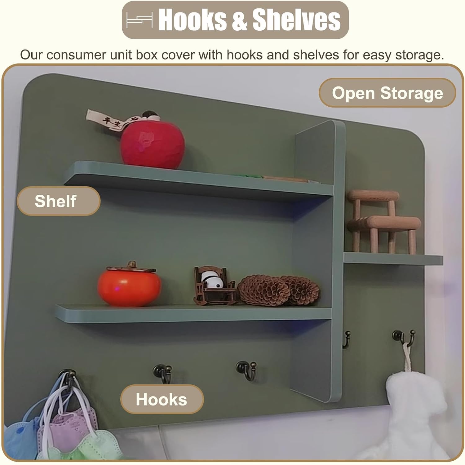 Wooden Breaker Box Cover with Shelves & Hooks, Multifunctional Indoor Fuse Box Cover for Decorative Wall, Left Sliding Meter Box Cover Farmhouse(Style/E,60x50cm(23 5/8x19 3/4'))