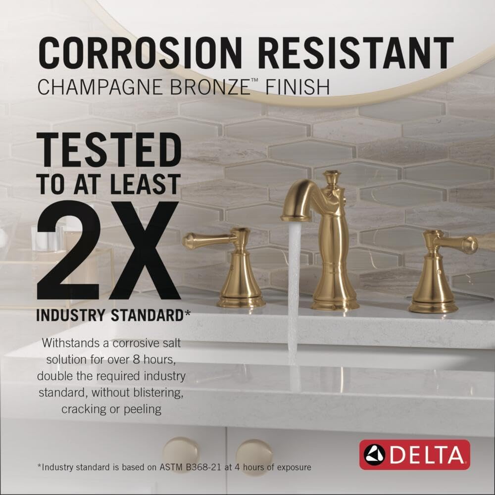 Delta Cassidy Brushed Gold Bathroom Faucet 3 Hole, 8 Inch Widespread Bathroom Sink Faucet for Vanity, Metal Push-Pop Drain Assembly, Champagne Bronze 3597LF-CZMPU