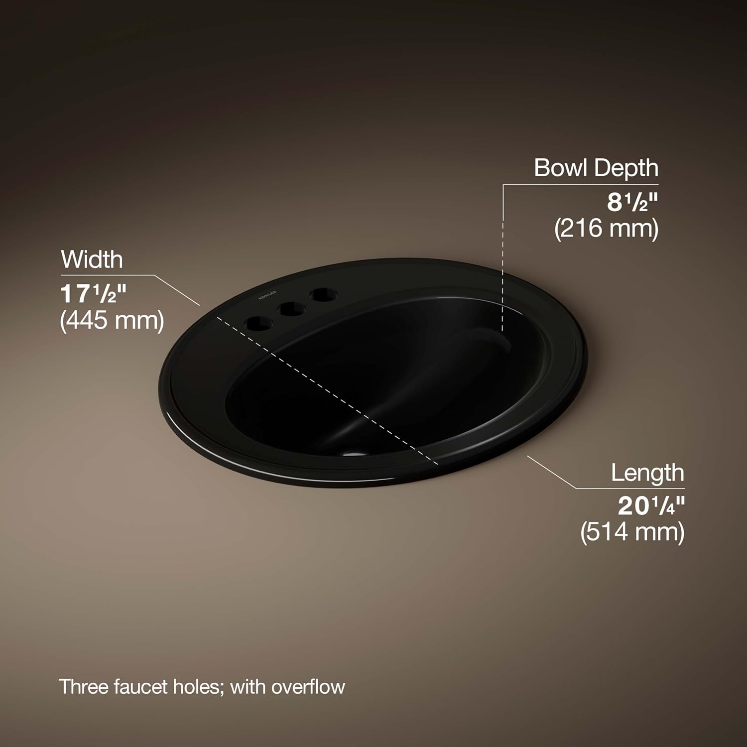KOHLER K-2196-4-7 Pennington Self-Rimming Bathroom Sink, Black Black