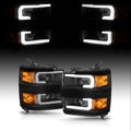 AmeriLite for 2015-2019 Chevy Silverado 2500HD 3500HD Work Truck w/Dual LED Tube All Dark Black Square Projector Replacement Headlights Set - Passenger and Driver Side