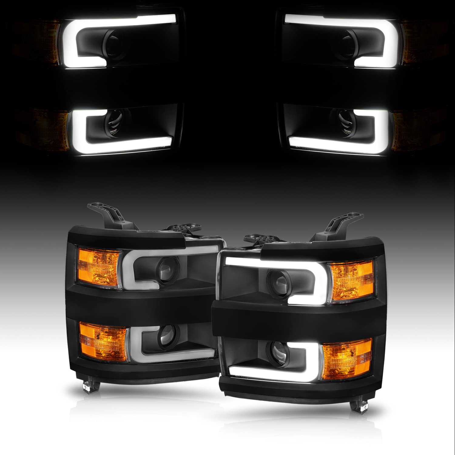 AmeriLite for 2015-2019 Chevy Silverado 2500HD 3500HD Work Truck w/Dual LED Tube All Dark Black Square Projector Replacement Headlights Set - Passenger and Driver Side