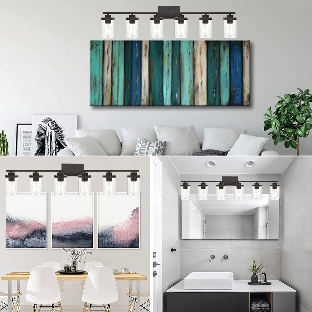 Oil Rubbed Bronze Bathroom Vanity Lights 6 Light, Bronze Vanity Lighting Fixtures with Glass Shade,Industrial Bathroom Light Fixtures Wall Sconces Lights for Kitchen Living Room Hallway