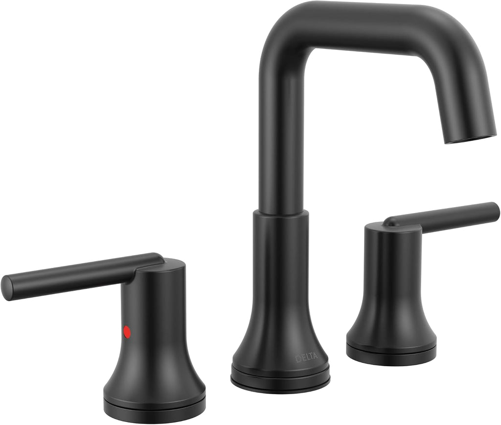 Delta Trinsic U-Spout Widespread Bathroom Faucet, Matte Black 3-Hole Bathroom Sink Faucet, Metal Push-Pop Drain Assembly, Matte Black 3554-BLMPU-DST