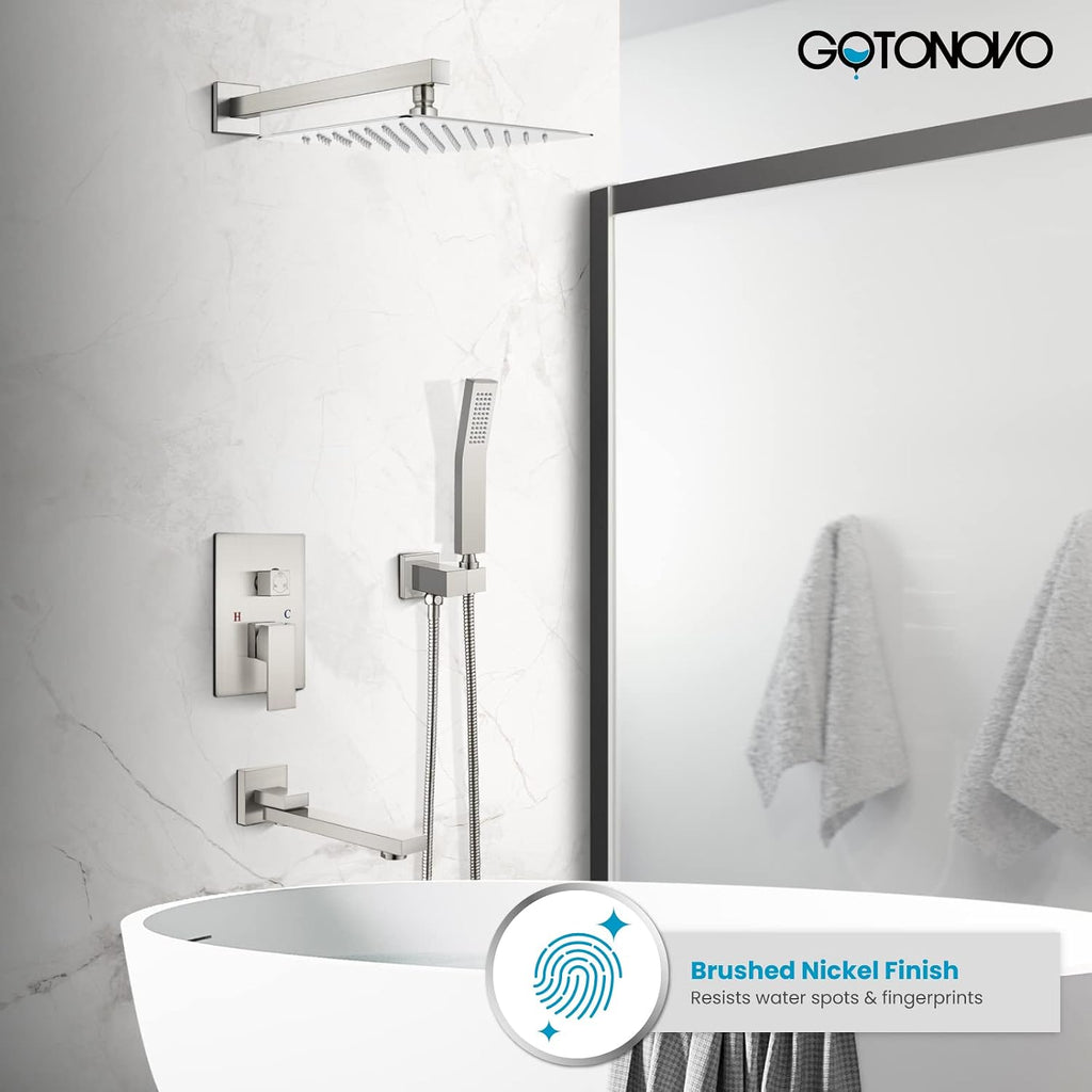 gotonovo Rainfall Tub Shower Faucet Set Bathroom Shower System with Tub Spout Wall Mount Square High Pressure Shower Fixtures with Handheld Sprayer Rough-In Valve 12'' Shower Head,Brushed Nickel