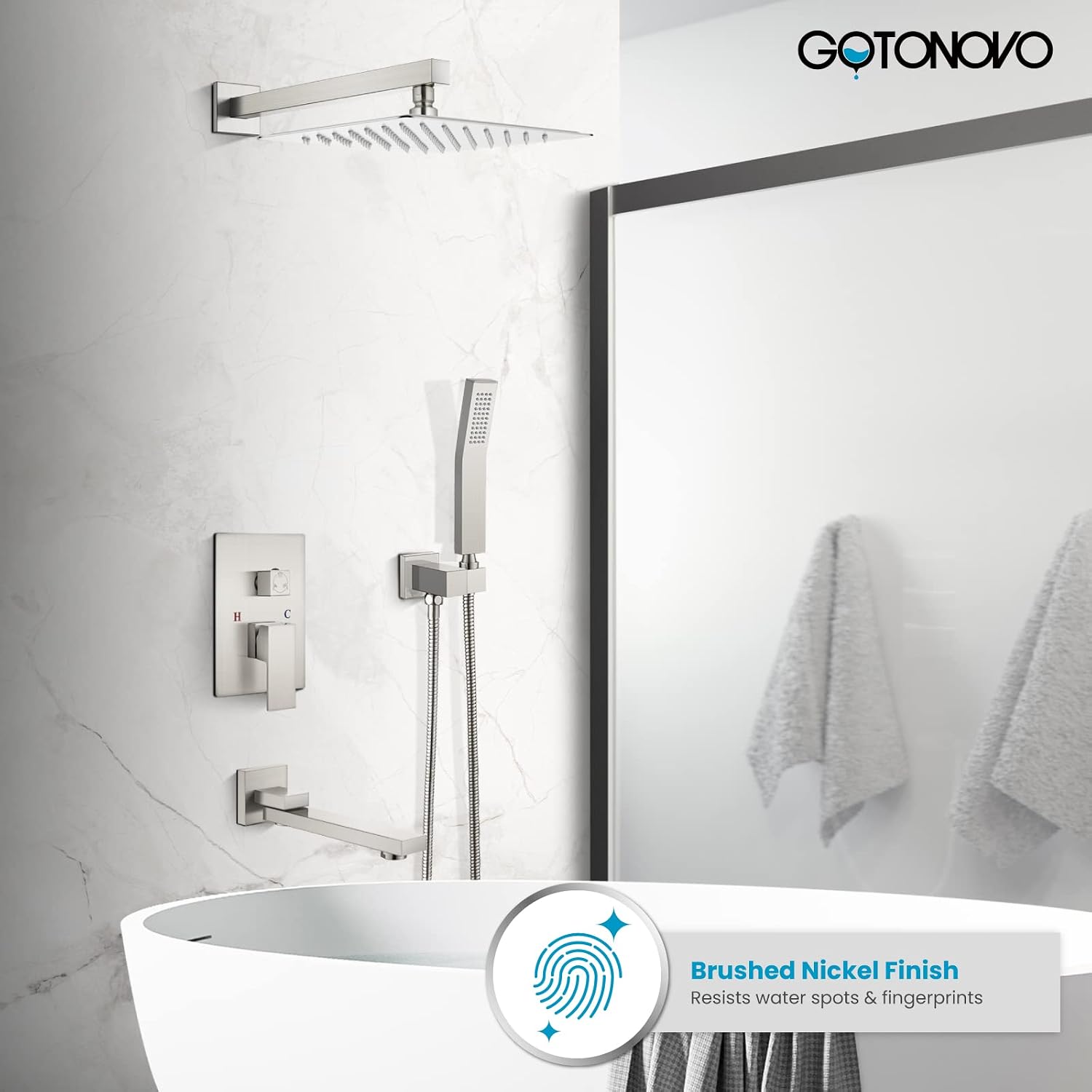 gotonovo Rainfall Tub Shower Faucet Set Bathroom Shower System with Tub Spout Wall Mount Square High Pressure Shower Fixtures with Handheld Sprayer Rough-In Valve 12'' Shower Head,Brushed Nickel