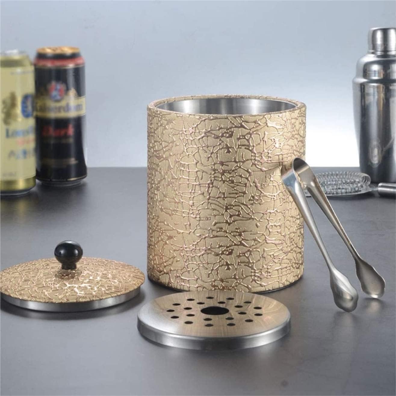 Drink Bucket Bar Supplies Leather Bronzing Ice Bucket Stainless Steel Inner Tank Bucket with Lid and Filter Ice Bucket for Parties(Gold)