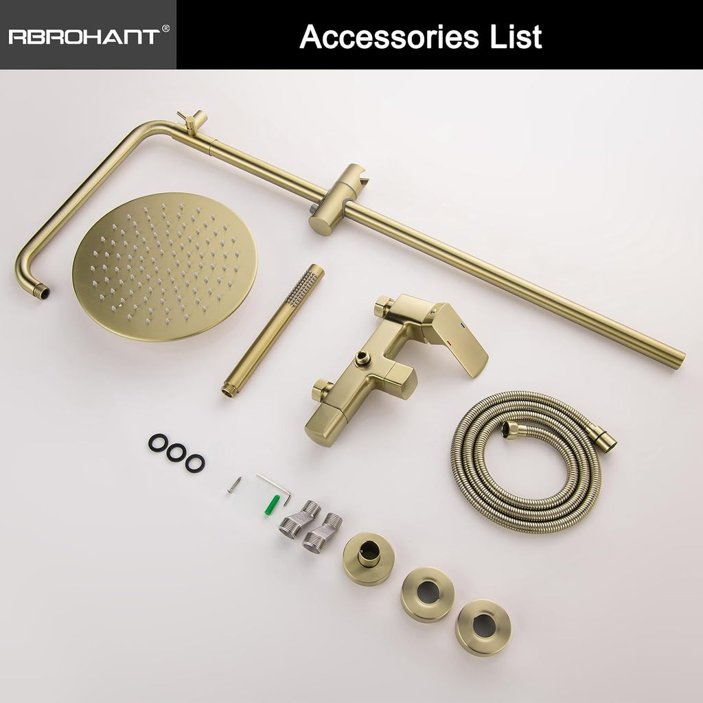 RBROHANT Exposed Shower System with Tub Spout, Brushed Gold Exposed Pipe Shower Faucet with 3 Functions Brass Shower Valve, Shower Height Adjustable, Wall Mounted