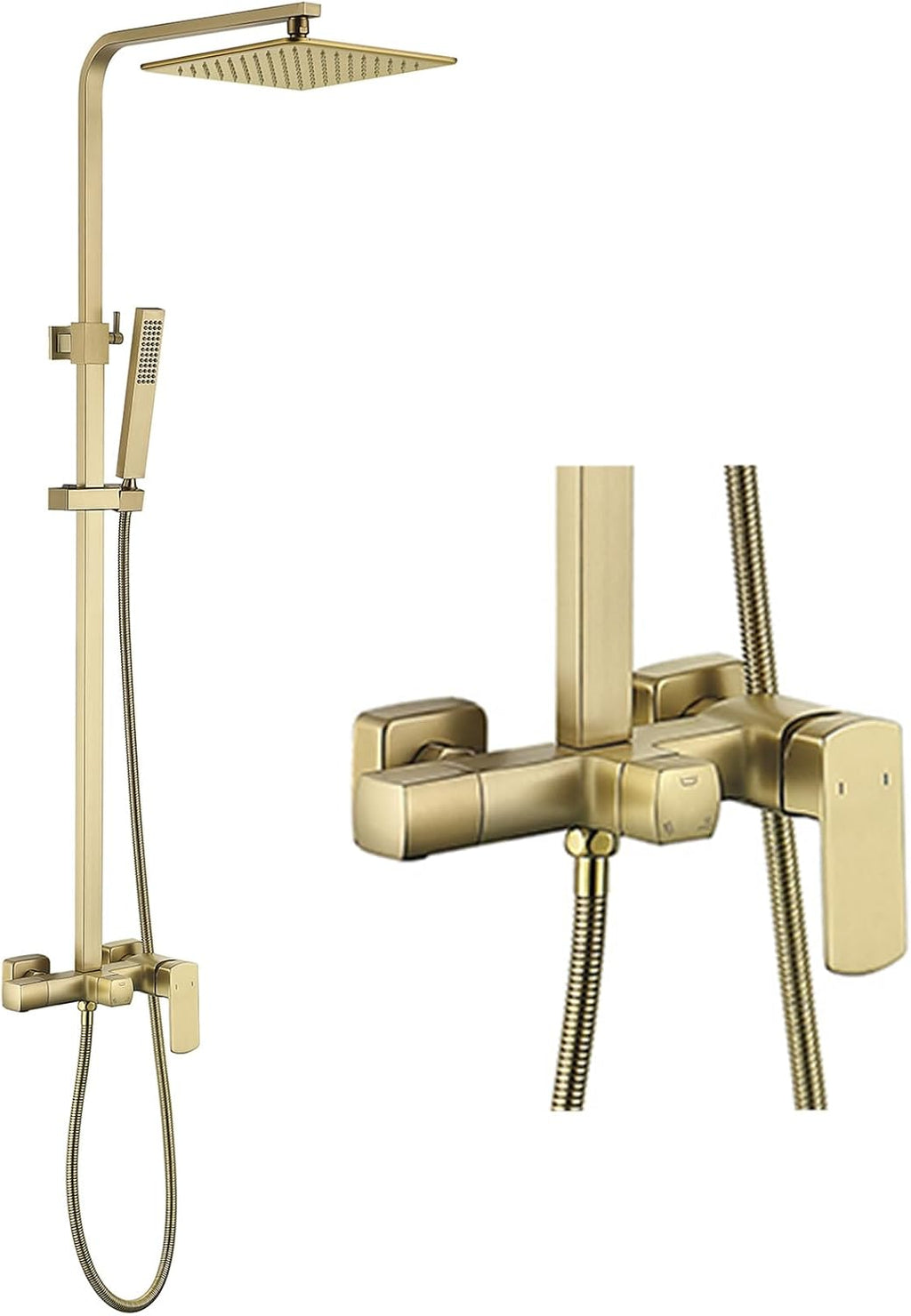 RBROHANT Brushed Gold Exposed Shower System with Tub Spout, Exposed Shower Fixtures for Bathroom with Brass 3-Functional Valve, Shower Height Adjustable, Wall Mounted