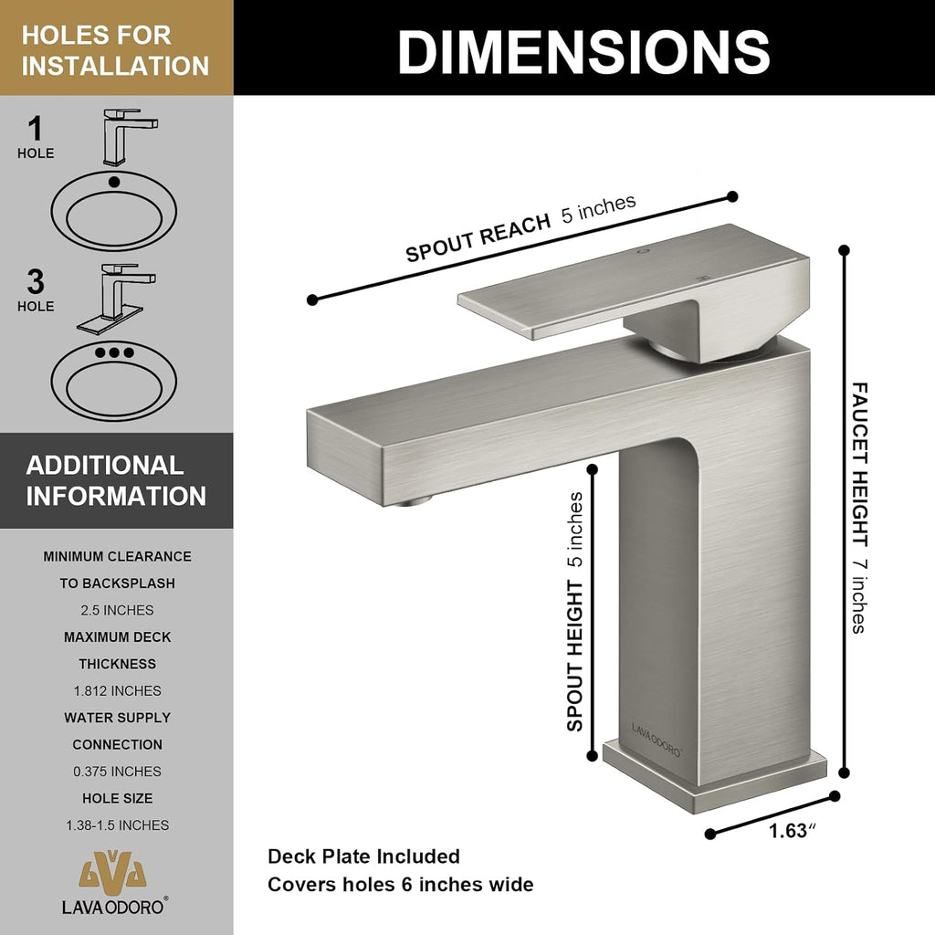 Lava Odoro Single Hole Bathroom Faucet, Brushed Nickel Bathroom Sink Faucet Single Handle Vanity Faucet with Pop up Drain Assembly, Deck Plate Included, BF307-BN