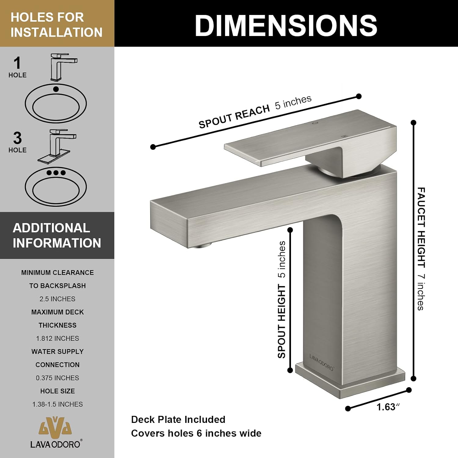 Lava Odoro Single Hole Bathroom Faucet, Brushed Nickel Bathroom Sink Faucet Single Handle Vanity Faucet with Pop up Drain Assembly, Deck Plate Included, BF307-BN