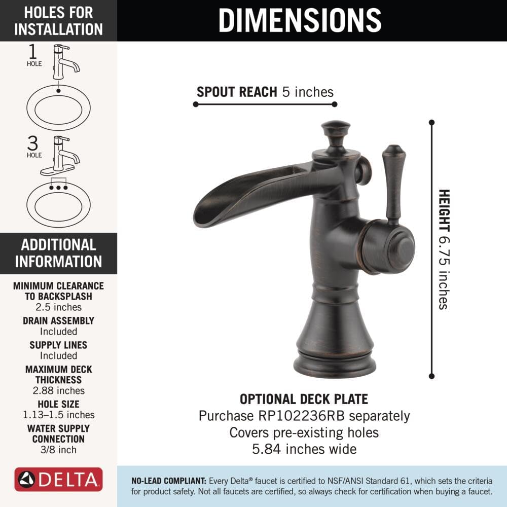 Delta Faucet Cassidy Bronze Bathroom Faucet, Single Hole Bathroom Faucet, Waterfall Bathroom Faucet, Single Handle, Metal Drain Assembly, Venetian Bronze 598LF-RBMPU