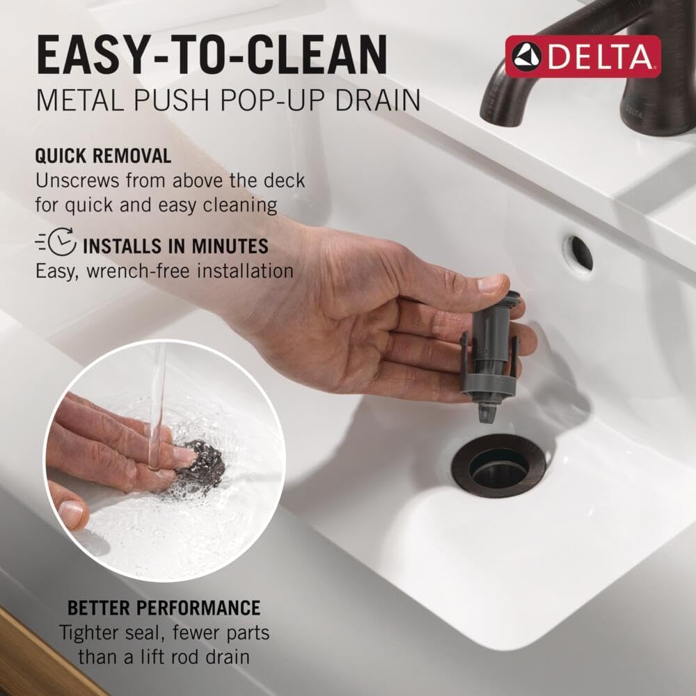 Delta Trinsic U-Spout Widespread Bathroom Faucet, Matte Black 3-Hole Bathroom Sink Faucet, Metal Push-Pop Drain Assembly, Matte Black 3554-BLMPU-DST