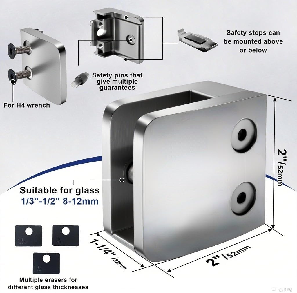 Glass Clamp - 40PCS,for 1/3 '-1/2 '（8mm-12mm） Tempered Glass, Stainless Steel 304 Flat Back Square Casting Polished for Indoor/Outdoor Balustrade, Stair Handrail (LIUCHONGYANG99)